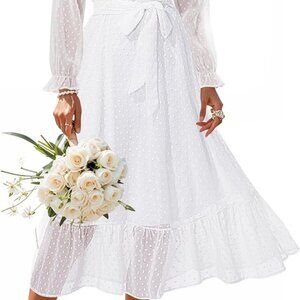 Women's Boho Long Sleeve V Neck Swiss Dot Midi Dress with Belt